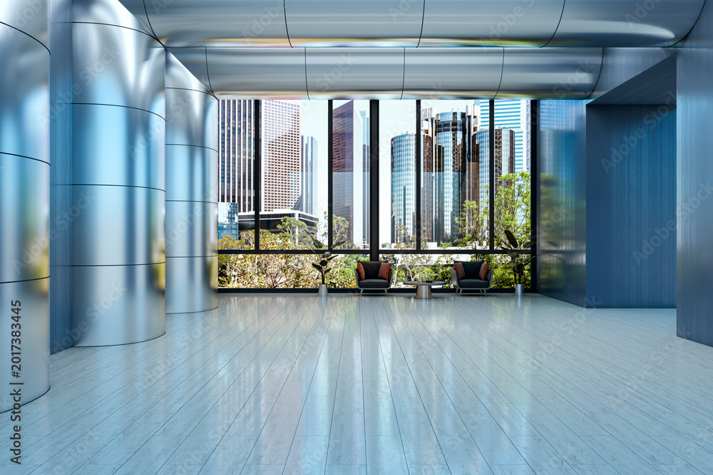 Fototapeta premium Spacious modern interior hall with metallic columns and wide panoramic windows overlooking city skyline in contemporary building design. 3D Rendering