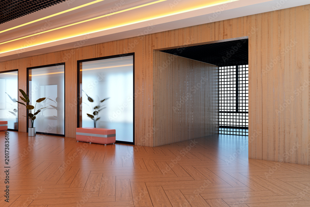 Obraz premium Modern corridor interior with wooden walls, frosted glass panels, seating elements and warm ceiling lighting creating a contemporary spacious hall environment.. 3D Rendering