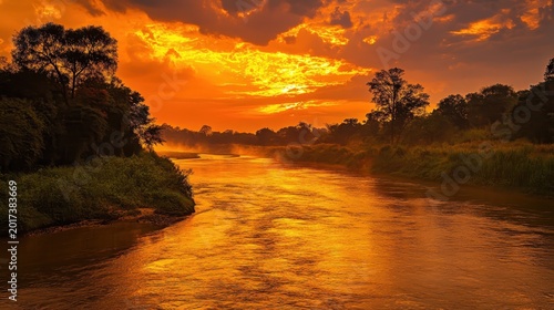 Vivid sunset casts a golden glow over a meandering river and lush landscape, creating a breathtaking natural vista.