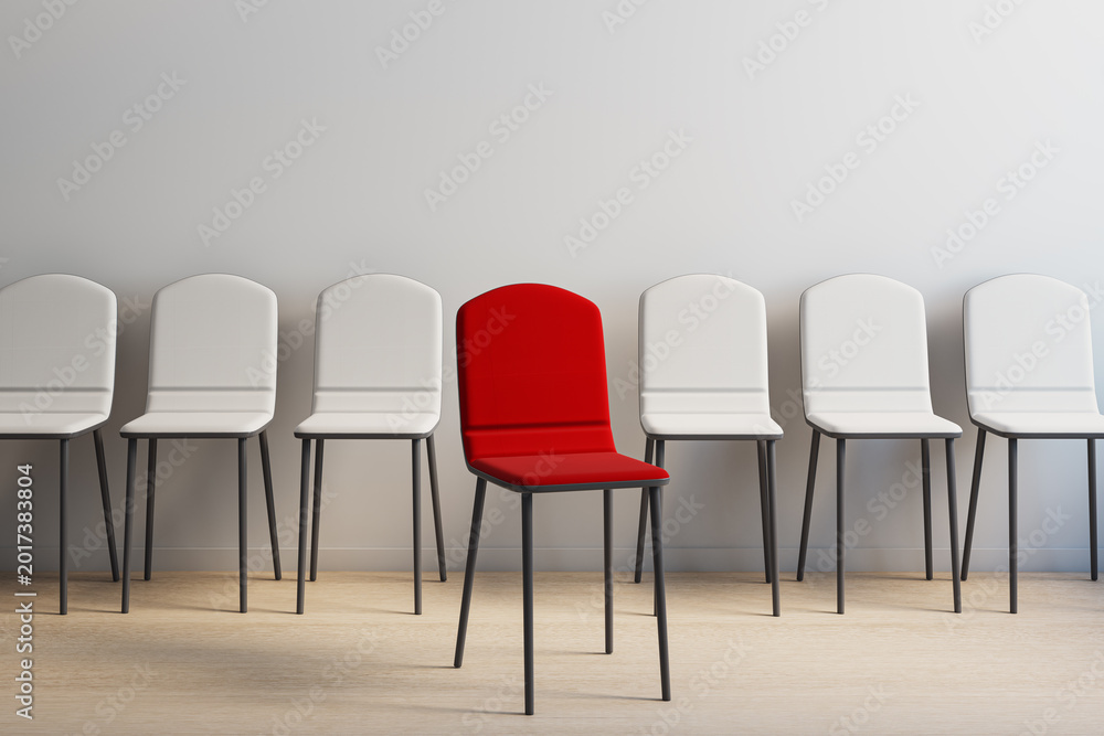 Ταπετσαρία Single red chair standing out among uniform white chairs in a modern empty interior room symbolizing choice and uniqueness