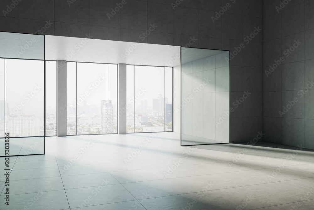 Fototapeta premium Spacious empty modern interior with large windows, glass partitions, soft sunlight and contemporary city view creating serene commercial space. 3D Rendering