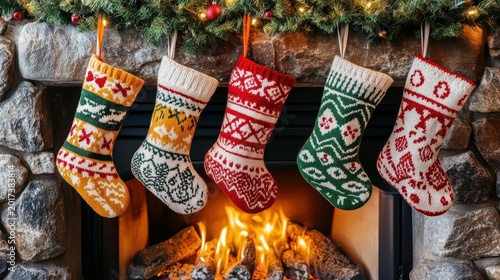 Warm Christmas Stockings With Intricate Knitted Patterns Hang Above a Glowing Fireplace