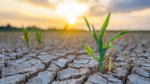 Young green corn crop struggles for survival in parched, cracked earth during a severe drought at sunset