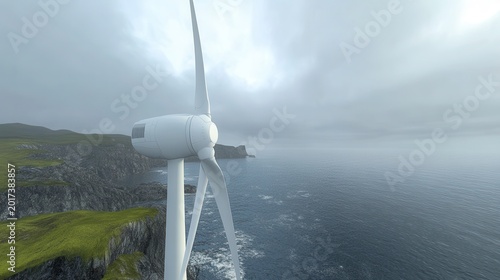 White wind turbine with blades slowly spinning on a foggy coastal bluff overlooking the ocean