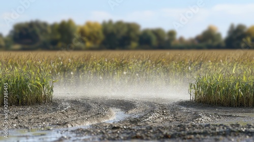 Agricultural pesticide runoff affecting farm crops with visible spray and clear sky in background