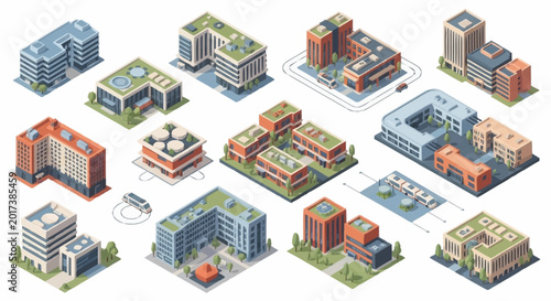 Collection of modern city buildings and structures.