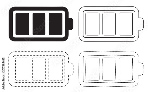 Foto Battery charge indicator icons in solid outline dashed styles with indicator te