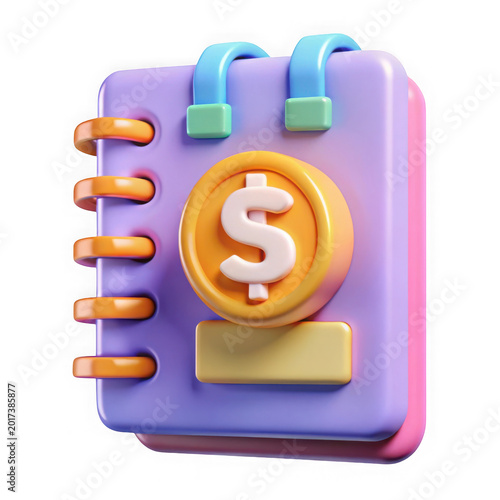 A colorful 3 d budgeting notebook with a large coin and dollar sign on cover isolated on a transparent background