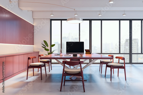 Schilderij op canvas Modern office workspace with large window view, minimalist table setup, red chairs, bright interior lighting and cityscape background