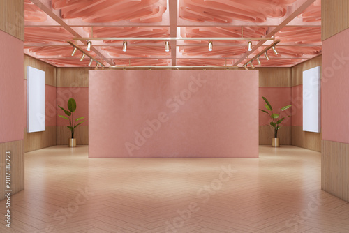 Modern gallery interior with pink walls, abstract ceiling panels, empty cente...
