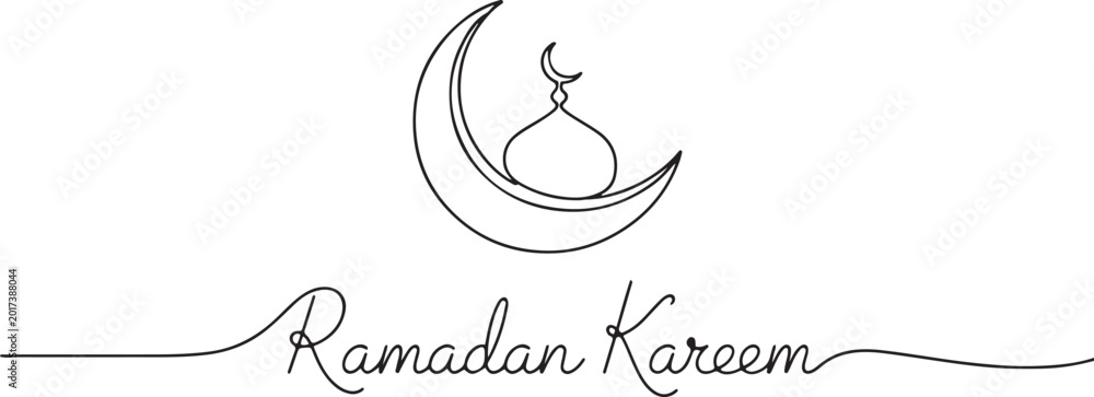 Fototapeta premium Moon continuous one line art drawing of Ramadan Kareem and Eid.one line Art icon drawing vector