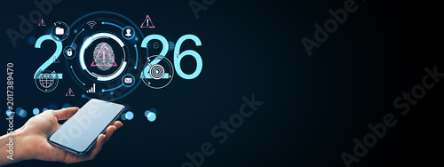 Future 2026 digital security interface with smartphone in hand and glowing te...