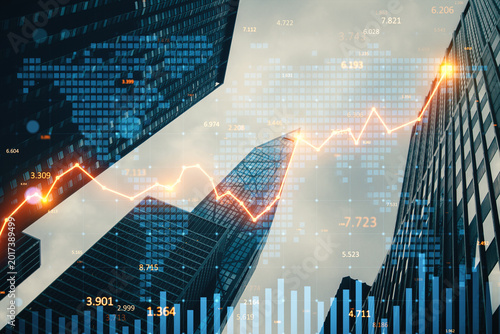 Skyscrapers with rising financial chart overlay symbolizing economic growth in modern city business district under abstract digital background.