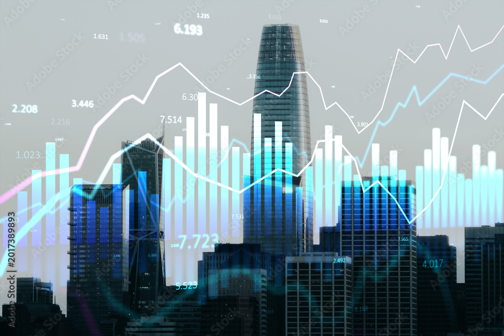 Naklejka premium City skyline with financial market charts and data overlays illustrating economic trends and urban investment dynamics in the modern landscape.