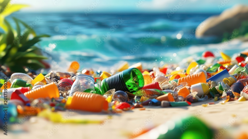 Fototapeta premium Polluted Beach Scene with Vibrant Plastic Waste Littering the Shoreline Against the Ocean Backdrop