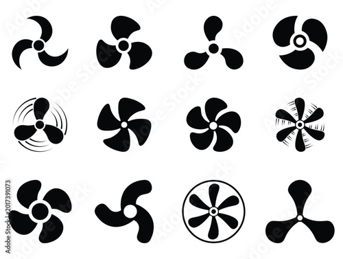 Collection of fan blades silhouette icon in various designs. Set of screw turbine blades. Variety of fan blade icons. Mechanical engineering energy sector and airflow graphics designs. 