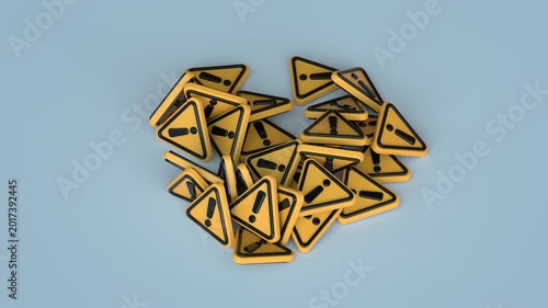 Single yellow warning triangle icon jumping and exploding into a chaotic pile of caution symbols. Concept for alerts, system errors, risk, cybersecurity, and digital notifications. 3D render animation