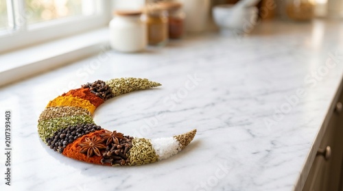 Crescent moon shape made of assorted spices and herbs on marble counter