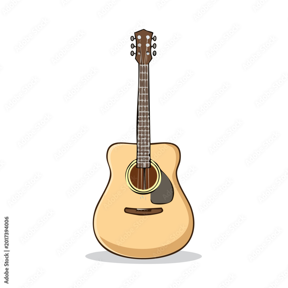 Obraz premium Classic acoustic guitar with six strings and wooden body, illustration for music concept
