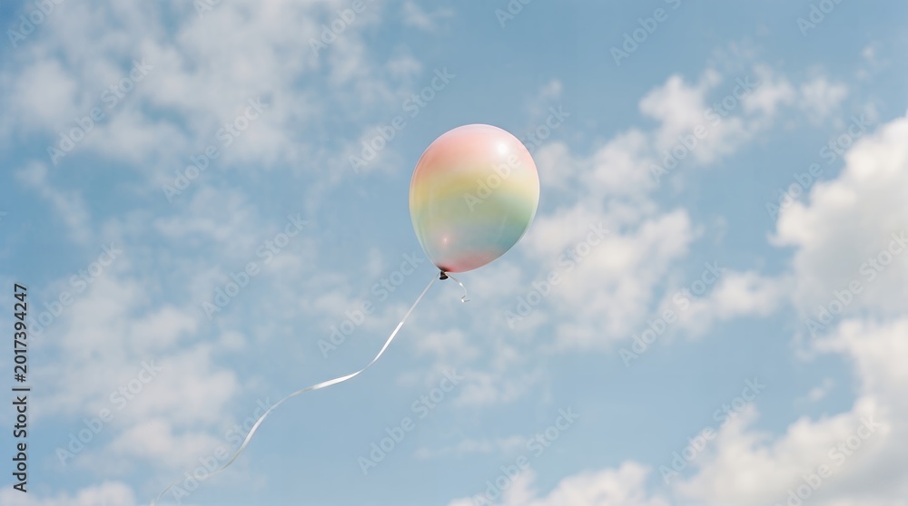 Obraz premium Colorful pastel balloon flying freely in a beautiful blue sky with white clouds.