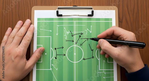 Coach drawing soccer game strategy and tactics on clipboard
