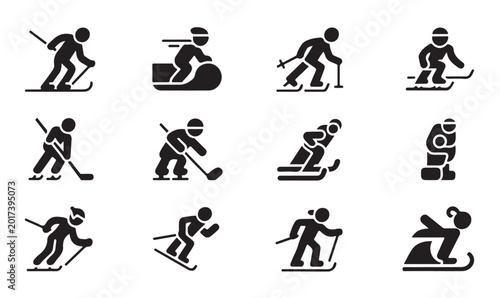Photography Winter sports activities set featuring athletes skiing snowboarding skating and ice hockey
