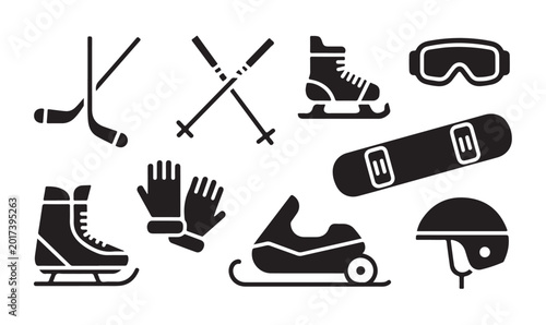 Winter sports equipment and accessories silhouette icons collection.