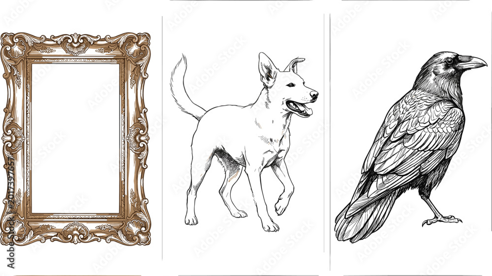 Naklejka premium Vintage ornate frame with engraved dog and raven illustrations detailed antique vector collection design