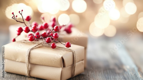 Beautifully Wrapped Christmas Gifts with Eco-Friendly Paper and Festive Red Berries, Soft Bokeh Lighting