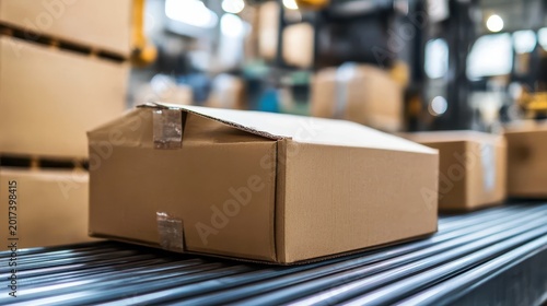 Cardboard Packaging Box on a Conveyor Belt in a Modern Factory Production Line