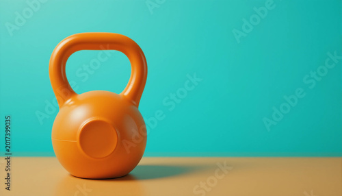 Minimal fitness scene with an orange kettlebell on a blue backdrop, emphasizing bold color contrast and ample copy space.
