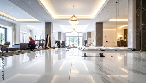Modern Luxury Hotel Lobby Under Construction with Polished Marble Floors.