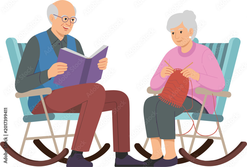 Fototapeta premium Happy elderly couple sitting in rocking chairs reading a book and knitting for retirement home leisure activities