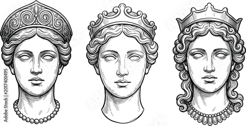 Foto Vintage engraved female portrait collection with royal crowns and classical anci