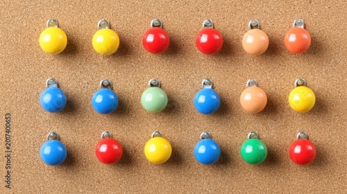 Colorful Round Pushpins Arranged on a Corkboard for Organizing and Planning Tasks