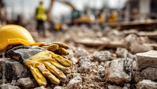 Yellow hard hat and work gloves rest on rubble at a construction site (1)