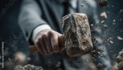 Mans Hand Crushing Stone with Sledgehammer Symbolizing Destruction and Force.