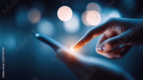 Close-up of a hand touching a smartphone screen with a blurred bokeh background.