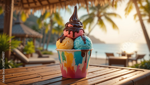 Tasty colorful ice cream cup topped with smooth chocolate syrup, sitting on a wooden table with a tropical beach view and open copy space.