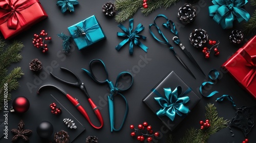 Festive Christmas gift wrapping supplies including scissors, ribbon, pinecones, and wrapped presents arranged on a dark surface