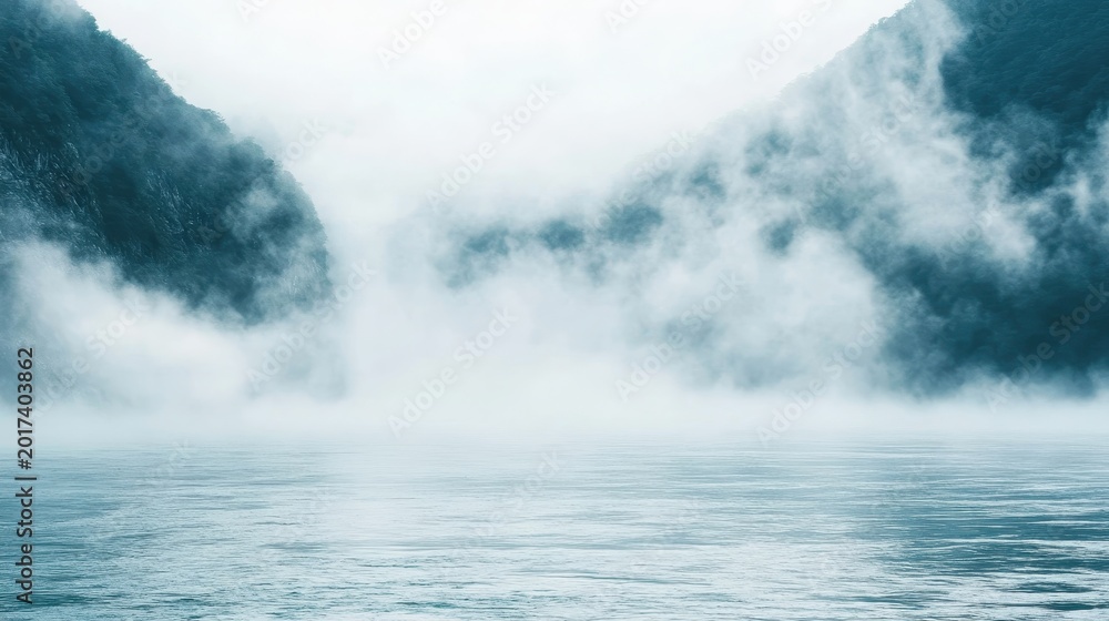 Obraz premium Misty river flows through fog-shrouded mountains, creating a soft atmospheric landscape of tranquil nature and serene water.