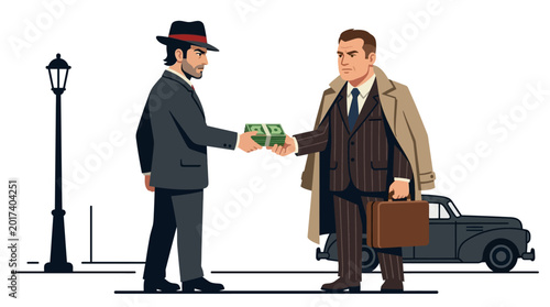 Tableau sur toile Men Exchange Money, Vintage Car, Street Scene