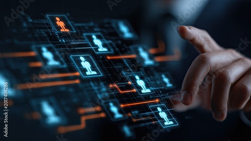 Finger interacts with a digital network of stylized human figures