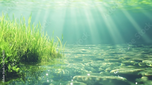 Sunlight streams into a clear riverbed with pebbles and lush green aquatic plants