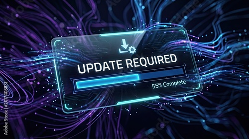 Digital interface displaying a software update required status with a loading progress bar glowing against abstract blue and purple lines