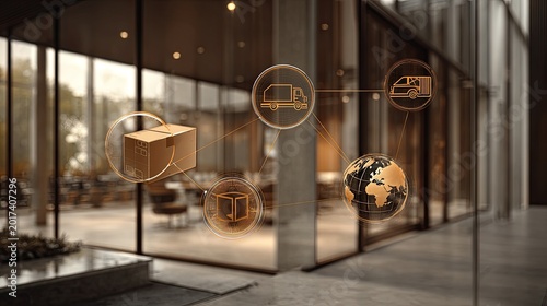 Digital logistics network connecting global delivery, trucks, and packages