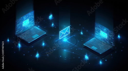 Digital network with glowing envelopes and laptops exchanging data
