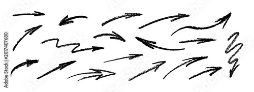 Hand drawn arrow crayon and chalk line with direction rough sketch texture. Black grunge scribble doodle pencil pointer icons. Vector abstract charcoal arrow with with brush stroke texture