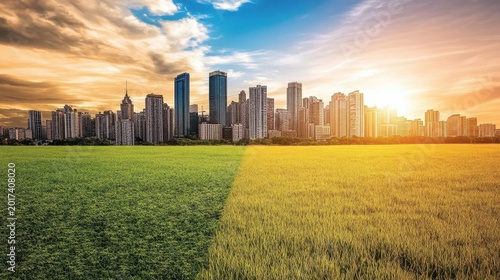 Vibrant city skyline merging with lush green fields showcasing urban heat island mitigation and natural balance