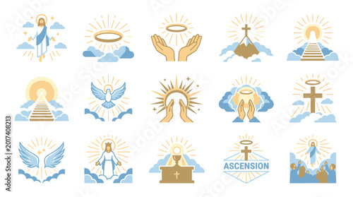 The ascension of Jesus Christ with angels and sun rays depicted in various symbolic illustrations.